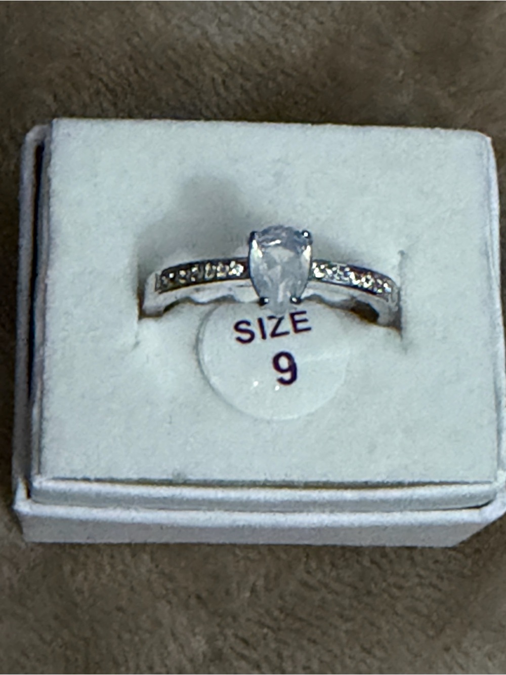 Silver Teardrop CZ Ring with Side Stones - Size 9